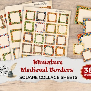 May include: Sheets of miniature medieval borders with square designs in various colors, including red, green, blue, and gold. The text reads "Miniature Medieval Borders SQUARE COLLAGE SHEETS" and "38 SQUARES."