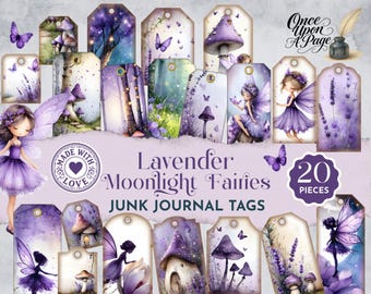 Junk Journal Printables Fairy Tags, Lavender Moonlight Fairies Ephemera, Purple Fairy Tag Set, Enchanted Forest Woodland JJ107