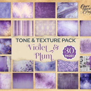 Puede incluir: Un conjunto de 30 texturas de papel digital en tonos violeta y ciruela. El paquete incluye varios diseños, como fondos veteados, rayados, florales y texturizados. Las palabras "Tone & Texture Pack" y "Violet & Plum" se muestran.