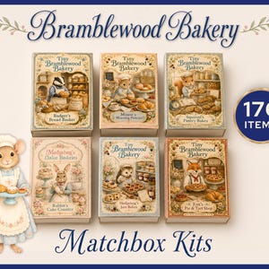 Mini Matchbox Digital Junk Journals, Kit stampabile Bramblewood Bakery Bundle, Fussy Cuts con animali del bosco, Set di effimeri per libri di fiabe JJ141