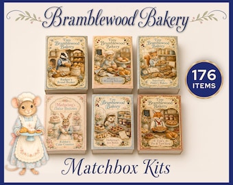 Mini cuadernos digitales de manualidades con forma de caja de cerillas, kit imprimible de panadería Bramblewood, recortes de animales del bosque, set de efímeros para libros de cuentos JJ141