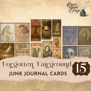 Vergeten Fairgrounds Junk Journal Cards, Haunted Circus Ephemera, Creepy Carnival Tags, vintage attracties printables, spooky Fair thema JJ001