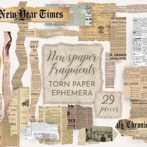Peut inclure: Un ensemble de fragments de journaux anciens, déchirés et disposés sur un fond blanc. Les morceaux présentent des titres, des articles et des publicités. Le texte "Newspaper Fragments, Torn Paper Ephemera" est affiché, ainsi que "29 pieces".