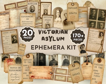 Puede incluir: Una colección de 20 páginas y más de 170 piezas de efímera de asilo victoriano, incluyendo registros de pacientes, etiquetas de identificación, retratos y documentos médicos de estilo vintage con texturas de papel envejecido y tonos sepia.
