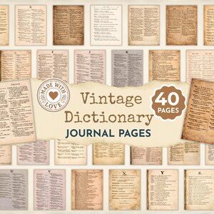 Puede incluir: Un conjunto de 40 páginas de diario de diccionario vintage. Las páginas, con tonos sepia, presentan texto y diferentes fuentes. La imagen incluye el texto "Vintage Dictionary Journal Pages" y un emblema "Made with Love".