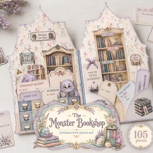 Interaktiv folio-skräpjournal, utskrivbar miniatyrbokhandelsbygge, lila monster-sagoboktema, fickor med etiketter, efemerakort, JJ171