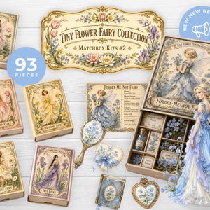 Streichholzschachtel-Sets, ausdruckbare Junk-Journal-Blumenfeenboxen, Blumenfeen-Kollektion Band 2, Miniatur-Schubladen mit Vintage-Ephemera JJ143