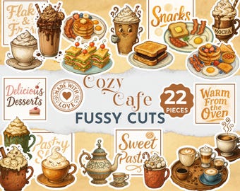 Recortes precisos para diario de recortes de café y pasteles, decoración de cafetería acogedora, imágenes prediseñadas de panadería imprimibles, kit de diario de recortes de desayuno y postre JJ097