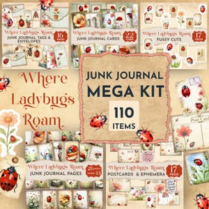 Ladybug Junk Journal Kit, Lady Bug Junk Journal Pages, Printable Ephemera, Fussy Cuts, Tags Cards & envelopes Vintage Ladybird Collage JJ036