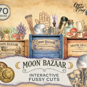 Puede incluir: Ilustración de estilo vintage que presenta objetos místicos, como cartas del tarot, suministros de boticario y botánicos silvestres. La imagen incluye el texto "Moon Bazaar" e "Interactive Fussy Cuts". La paleta de colores es cálida, con tonos tierra.