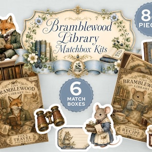 Op de afbeelding: Een Bramblewood Library luciferdoosjes-set met 84 onderdelen en 6 doosjes. De collectie bevat illustraties van een lezende vos, een muis met boeken, een verrekijker, een potje bessen en labels met de tekst Tiny Bramblewood Library.