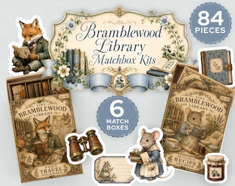 Paquete de kit imprimible para diario creativo con diseño de caja de cerillas, efímeros de la biblioteca Bramblewood, recortes de animales del bosque para cuentos infantiles, minitarjetas JJ141