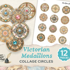 May include: Victorian medallions collage circles in a variety of designs. The medallions feature ornate gold, teal, pink, and blue details. The text "Victorian Medallions Collage Circles" and "12 Pieces" are displayed.