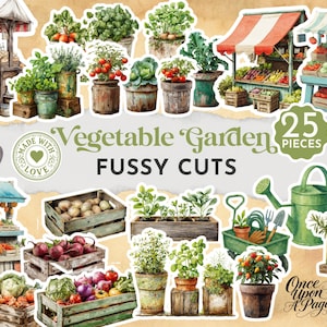 Op de afbeelding: Een verzameling van 25 groentetuin fussy cut stickers. De stickers bevatten illustraties van verschillende groenten, potplanten, marktkramen en tuingereedschap. De tekst "Vegetable Garden" en "Fussy Cuts" is inbegrepen.