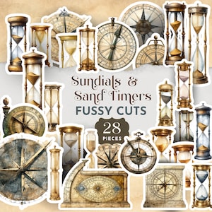 May include: A collection of vintage-style fussy cut stickers featuring sundials, sand timers, and compasses. The stickers have a watercolor effect with gold and brown tones. The text on the image reads "Sundials & Sand Timers Fussy Cuts 28 Pieces."