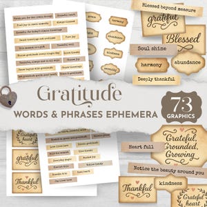 Gratitude Junk Journal Words, Thankful Phrases Ephemera, Printable Word Strips & Labels, Positive Affirmations, Junk Journal Kit, Word Art