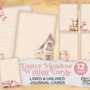 May include: A collection of Easter-themed writing cards with lined and unlined pages. The cards feature watercolor illustrations of a bunny, duckling, chick, and Easter eggs. The text "Easter Meadow Writing Cards" is displayed in pink script.