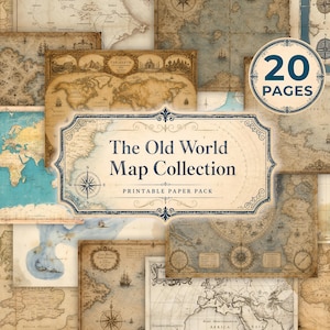 Puede incluir: Una colección de 20 páginas imprimibles con mapas del mundo de estilo antiguo en varios tonos de sepia, azul y crema. La etiqueta central muestra el texto The Old World Map Collection y Printable Paper Pack con un icono de rosa de los vientos.