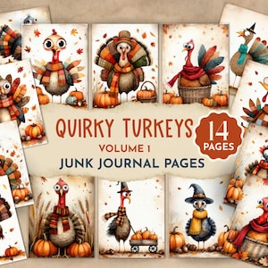 Puede incluir: Un conjunto de 14 páginas de diario basura con ilustraciones de pavos extravagantes. Cada página presenta un diseño de pavo único con elementos temáticos de otoño como calabazas y hojas. El texto dice "Quirky Turkeys Volume 1".