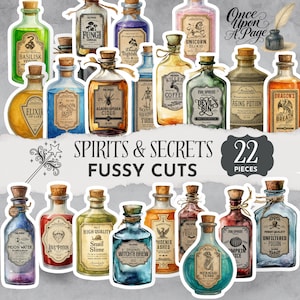 Puede incluir: Un conjunto de 22 pegatinas recortadas de botellas de pociones con tapones de corcho. Cada botella tiene una etiqueta única con nombres como "Moon Dust", "Phoenix Ashes" y "Mermaid Tears". El conjunto se titula "Spirits & Secrets".