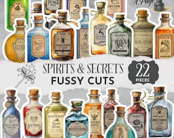 Potion Bottle Fussy Cuts: Secrets & Spirits Edition, Halloween Ephemera, Witch Junk Journal Labels, Magical Clipart for Collage Crafts SC002