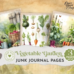 May include: Three vintage-style junk journal pages featuring watercolor illustrations of a vegetable garden. The pages include images of vegetables, a garden scene with a basket of carrots, and the text "Vegetable Garden" and "Junk Journal Pages". The pages are 8.5" x 11".