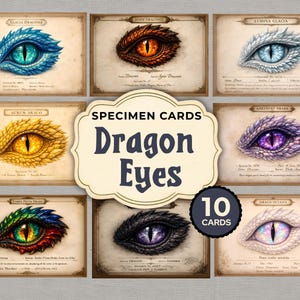 Op de afbeelding: Een verzameling van tien fantasiekaarten met gedetailleerde illustraties van drakenogen in verschillende kleuren, waaronder blauw, oranje, goud en paars. De kaarten zijn gelabeld met de tekst "Dragon Eyes" en bevatten de tekst "10 Cards".