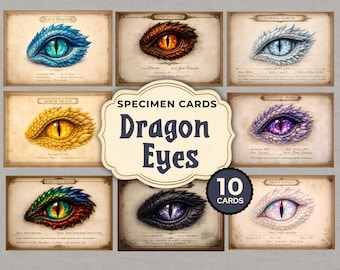 Tarjetas digitales de especímenes para diario de dragones, tarjetas de ojos de dragón de fantasía, efímeros imprimibles, tarjetas para diario de bestiario, arte de dragones