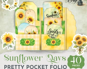 Junk Journal Folio Sunflower, Sunflower Digitals For Junk Journals, Printable Ephemera, Fussy Cuts Tags, Cards, Vintage Summer Kit JJ041