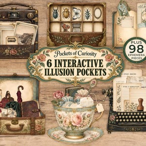 May include: A digital collection of 6 interactive illusion pockets and 98 ephemera pieces featuring vintage-style illustrations of a suitcase, a wooden display case with insects, an open book, a teacup with roses, and a typewriter with paper.