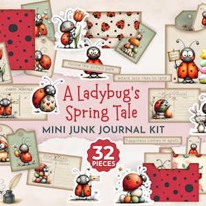 May include: A collection of illustrated ladybug-themed ephemera for a mini junk journal kit. Includes tags, postcards, and stickers with ladybug and spring-themed designs. The kit features the text "A Ladybug's Spring Tale" and "32 Pieces".