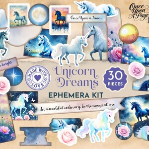 May include: A 30-piece ephemera kit titled Unicorn Dreams featuring various die-cut shapes, including unicorns in blue and pastel tones, pink roses, starry night skies, and postage stamp designs with the text Once Upon a Time and Shine bright.