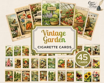 Puede incluir: Un conjunto de 45 cromos de cigarrillos de estilo vintage con temas de jardín. Las tarjetas presentan ilustraciones de aves, flores, verduras y escenas de jardín. La tarjeta central dice "Vintage Garden Cigarette Cards".