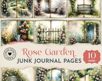 Rose Garden Junk Journal Page Set, Floral Printable Backgrounds, Garden Ephemera Kit, Vintage Roses, Shabby Chic Cottage Paper Pack JJ051