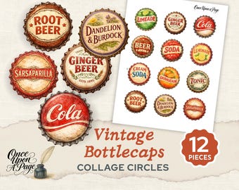 Lámina digital de collage con tapas de botellas de bebidas vintage, efímeros imprimibles para diario creativo, tapas de botellas de refresco retro, círculos de cola, cerveza y limonada.