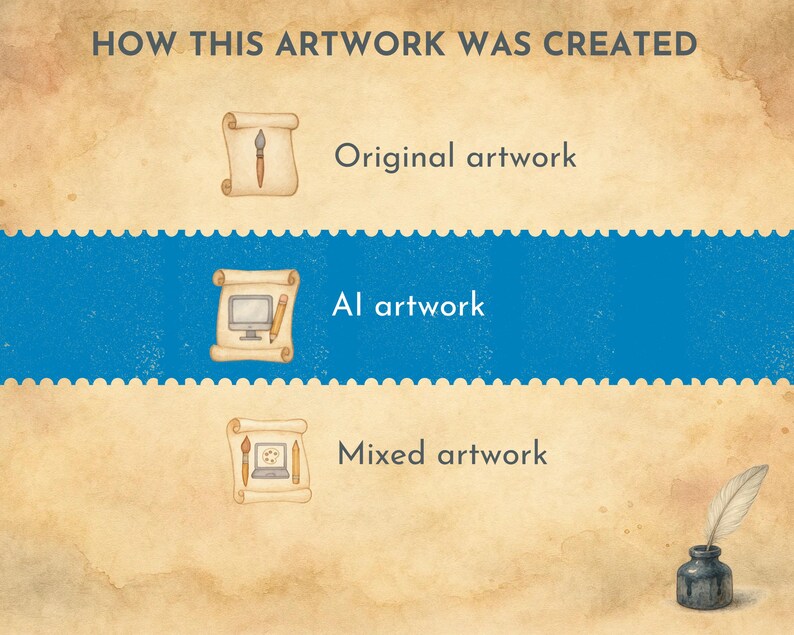 May include: An informational graphic on a parchment-style background. The text reads "HOW THIS ARTWORK WAS CREATED." It shows three methods: "Original artwork," "AI artwork," and "Mixed artwork," each with a corresponding illustration. An inkwell with a feather is in the bottom right.