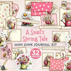 Puede incluir: Un kit de mini diario A Snail's Spring Tale de 32 piezas con ilustraciones de caracoles con conchas de flores, sobres rosas de lunares, papel con motivos florales y postales con el texto soft steps through spring y tiny trails.
