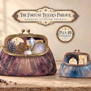 Può includere: Due pochette in tessuto con chiusura a scatto in metallo. La pochette viola più grande presenta una stampa celeste e contiene effimeri di carta, un cristallo e una boccetta. La pochette blu più piccola contiene carte. Il testo recita: The Fortune Teller's Parlour.