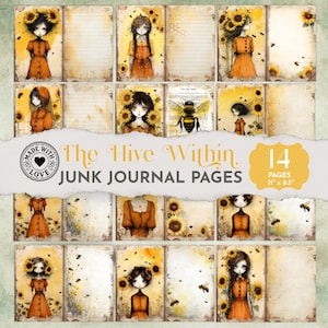 Pagine per junk journal "The Hive Within", kit per diario "Bee Girl Sunflower", carte digitali vintage a nido d'ape, sfondi botanici JJ064