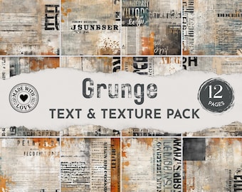 May include: A digital collection of 12 pages featuring grunge text and texture designs. The imagery displays distressed paper backgrounds with layered typography, ink splatters, and weathered patterns in shades of brown, gray, and black.