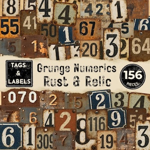 Masculine Junk Journal Download Papers, Grunge Numbers Tags, Rusty Number Labels, Printable Ephemera Kit, Vintage Digits Fussy Cuts DP002
