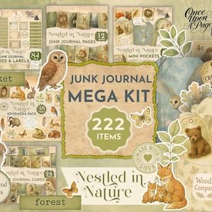 May include: A collection of junk journal supplies with a woodland theme. The kit includes journal pages, labels, ephemera, and mini pockets. The design features illustrations of animals, plants, and the text "Nestled in Nature". The kit contains 222 items.