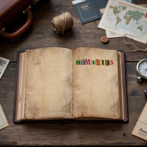May include: An open, vintage-style journal with the word "MEMORIES" in colorful letters. The journal sits on a wooden surface, surrounded by travel-themed items like maps, a compass, a suitcase, and a spool of twine. A black pen and a vintage photograph are also visible.