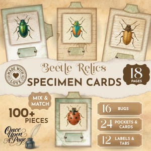 May include: Vintage-style Beetle Relics specimen cards featuring beetle illustrations, labels, and tabs. The set contains over 100 pieces, 16 bugs, 24 pockets and cards, and 12 labels and tabs. The words "Made with Love" are also visible. The design has a nostalgic feel.