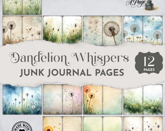 Junk Journal Dandelions, Dandelion Botanical Junk Journal Pages, Beautiful Garden Digital Paper,  Printable Vintage Scrapbooking pack JJ039