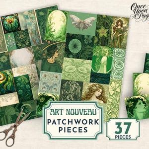 May include: A selection of green Art Nouveau patchwork pieces featuring floral and portrait designs. The image includes decorative scissors and the text "Art Nouveau Patchwork Pieces" and "37 Pieces".