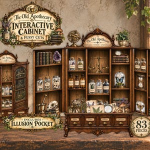 May include: A miniature wooden apothecary cabinet set featuring 83 pieces, including glass jars, books, scales, and botanical specimens. The set includes an interactive cabinet with doors, drawers, and an illusion pocket, labeled The Old Apothecary.