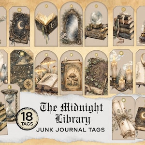 May include: A collection of 18 vintage-style junk journal tags with a mystical theme. The tags feature illustrations of books, crystals, keys, mirrors, candles, and other magical elements. The text "The Midnight Library" and "Junk Journal Tags" are also included.