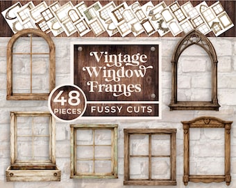 Álbum de recortes con marcos de ventanas, marcos de ventanas vintage recortados con precisión, efímeros de marcos imprimibles, ventanas rústicas de cabaña, piezas para superponer JJ128
