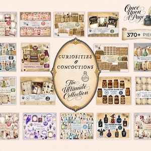 May include: A collection of digital papers and fussy cuts with a vintage apothecary theme. The image features various bottles, jars, and labels, with text such as "Curiosities & Concoctions" and "The Ultimate Collection". The image also includes the text "370+ Pieces".